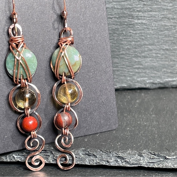 Handcrafted Hammered Copper With Agate and Citrine Gemtone Earrings - Picture 5 of 13